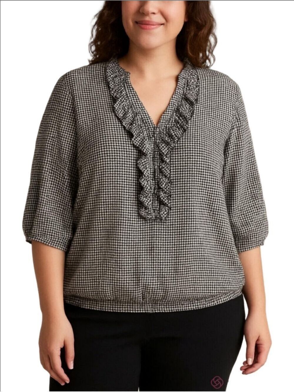 Jessica Black & White Houndstooth Ruffle V-Neck Blouse